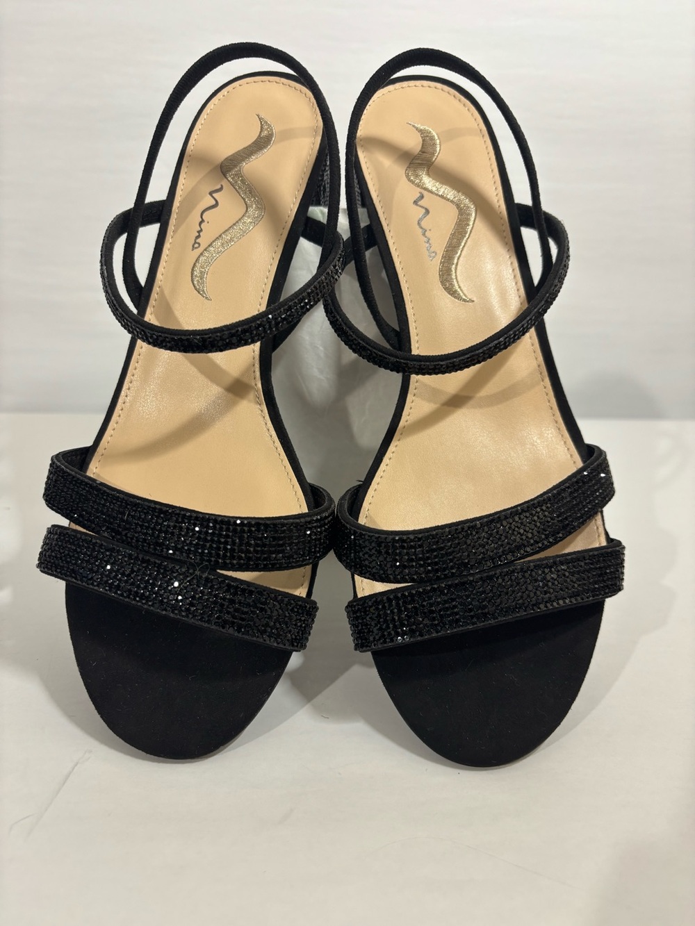 Nina Black Rhinestone Strappy Block Heel Sandals Size 9M AS IS
